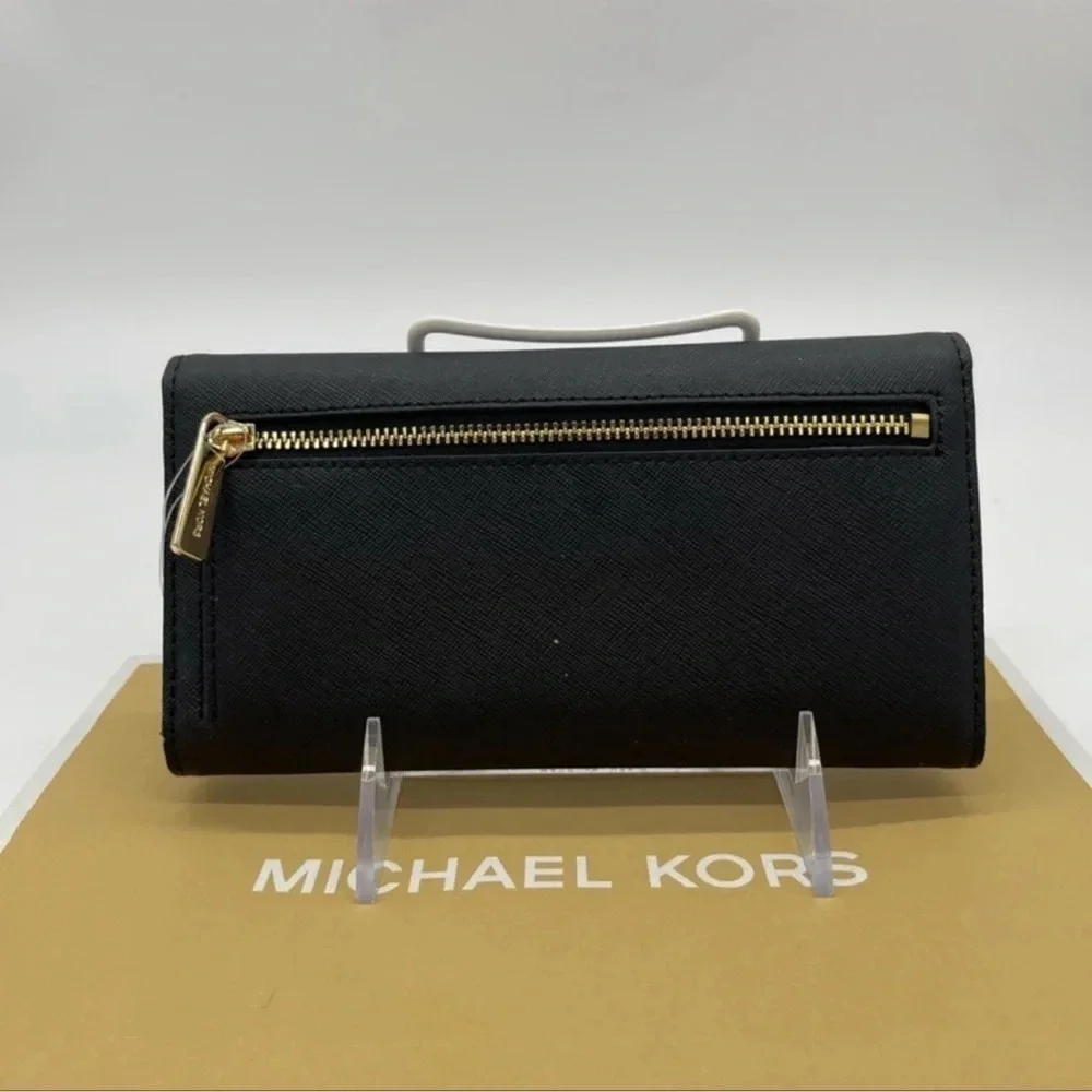 Michael Kors Large Trifold Wallet Black Leather Rich Black/Gold